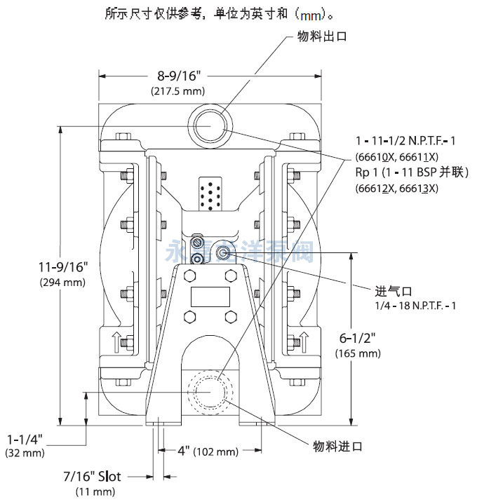 1寸英格索兰气动隔膜泵尺寸图1